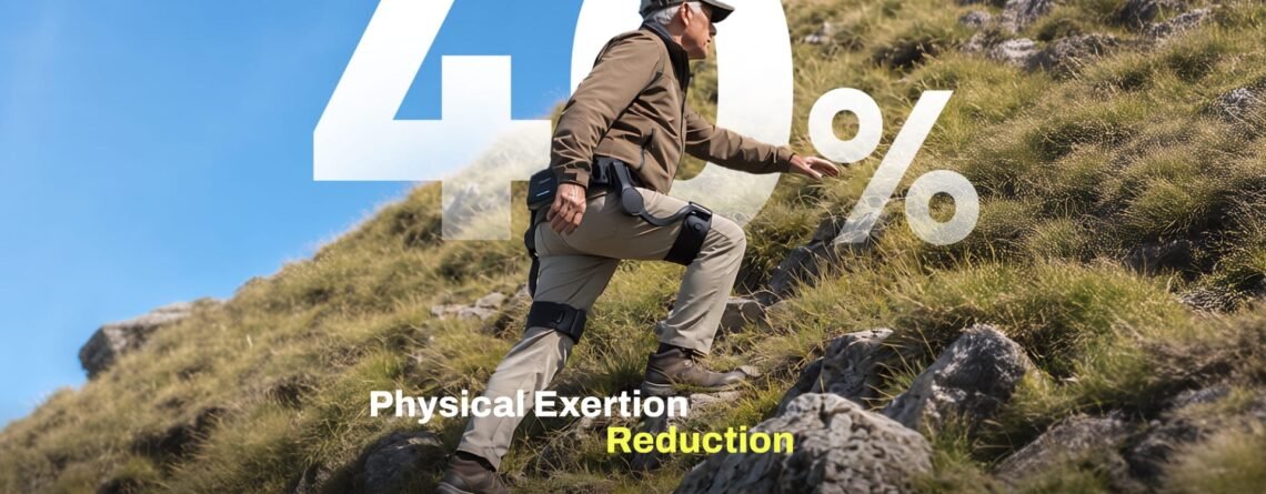 Hiker wearing the Ascentiz H Pro exoskeleton climbing a mountain trail