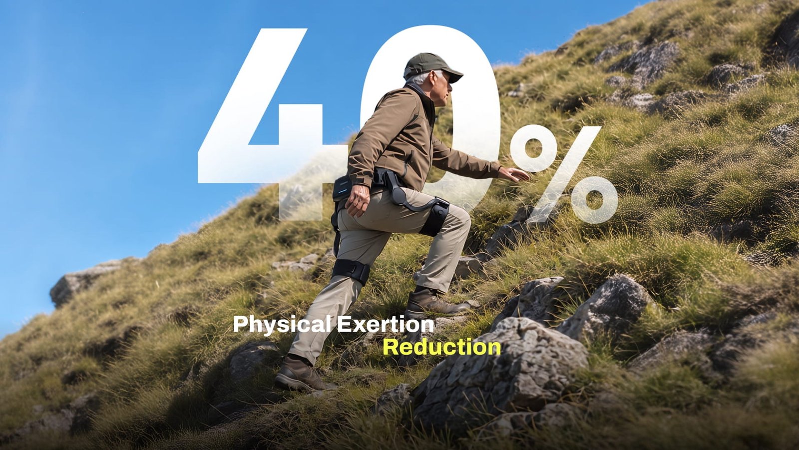 Hiker wearing the Ascentiz H Pro exoskeleton climbing a mountain trail