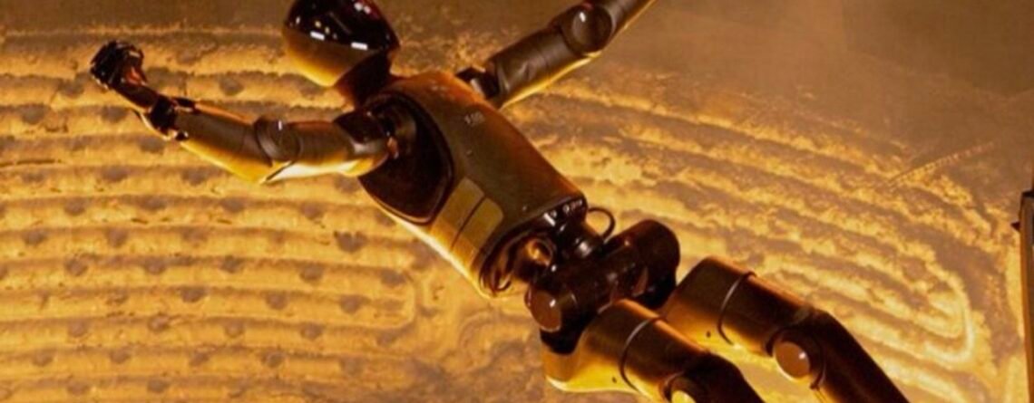 Figure F.02 humanoid robot mid-jump above molten steel