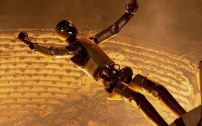 Figure F.02 humanoid robot mid-jump above molten steel