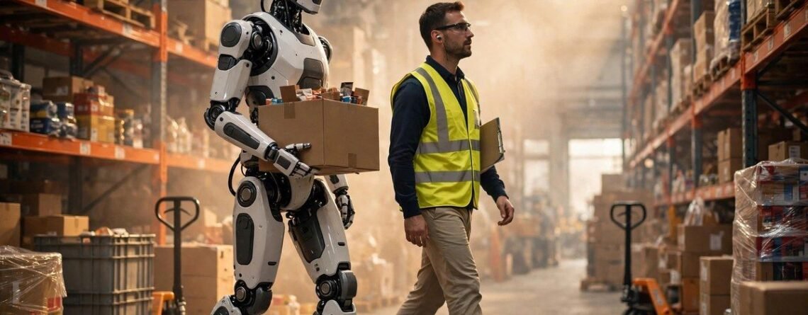 Humanoid robot carrying a box alongside a warehouse worker
