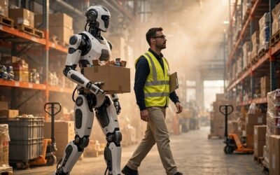 Humanoid robot carrying a box alongside a warehouse worker