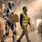 Humanoid robot carrying a box alongside a warehouse worker