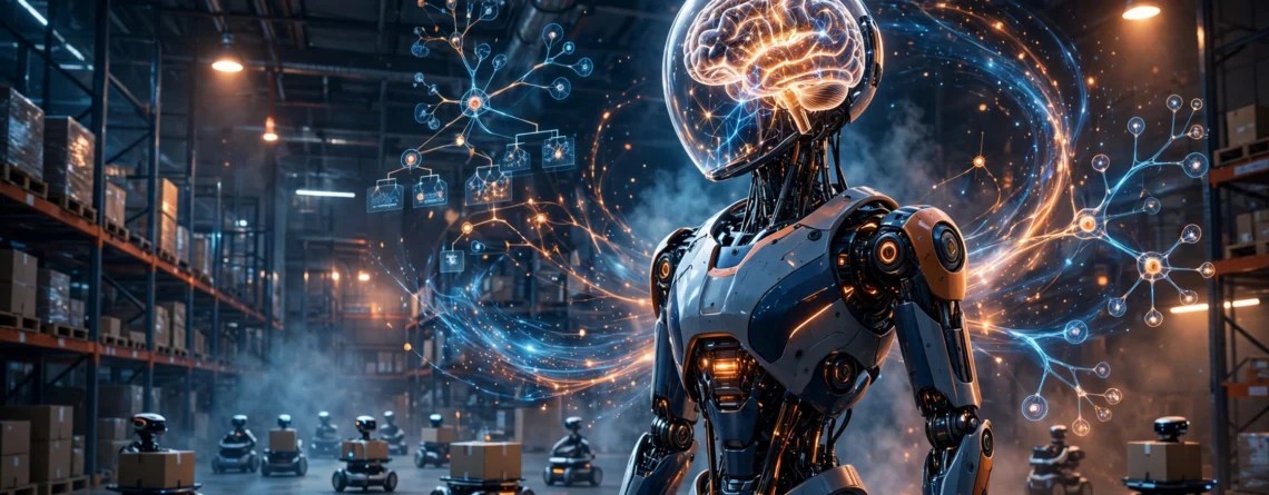 Illustration of a humanoid robot with a glowing AI brain in an autonomous warehouse