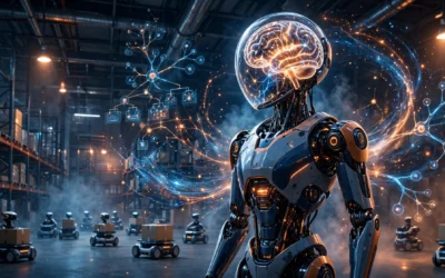 Illustration of a humanoid robot with a glowing AI brain in an autonomous warehouse