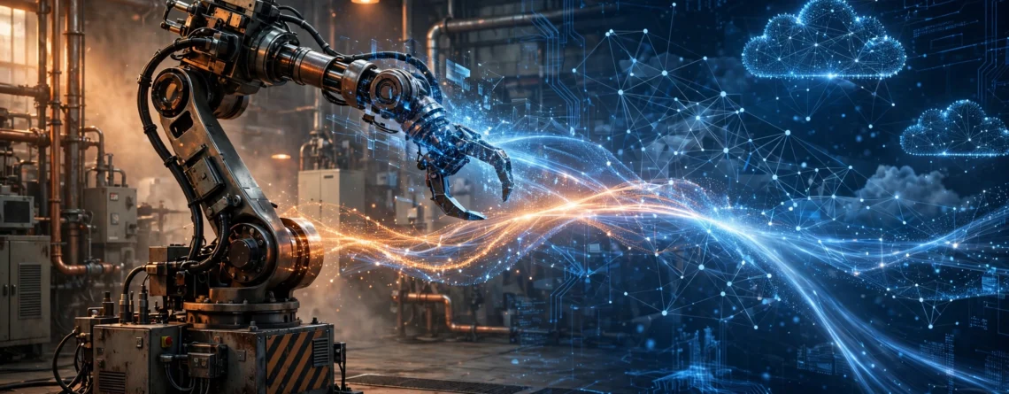 Illustration of IT and OT convergence: an industrial robot arm merging with digital data streams