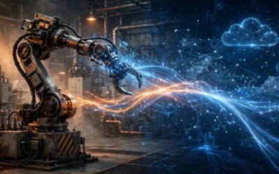 Illustration of IT and OT convergence: an industrial robot arm merging with digital data streams