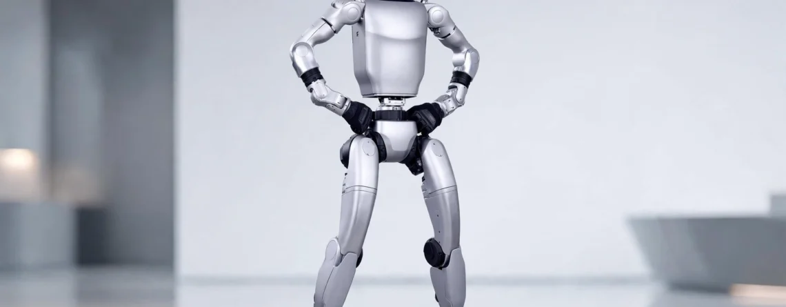 Unitree G1 style humanoid robot, full body studio photo