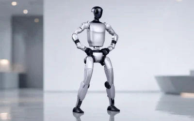 Unitree G1 style humanoid robot, full body studio photo