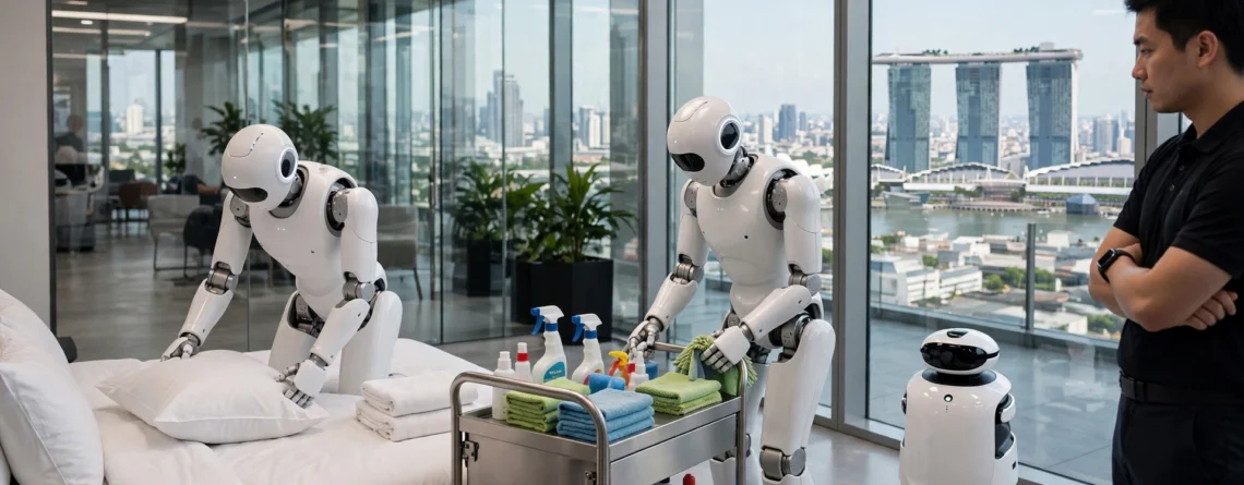 Humanoid robots training in a simulated hotel room at a robotics center in Singapore