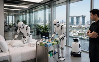 Humanoid robots training in a simulated hotel room at a robotics center in Singapore