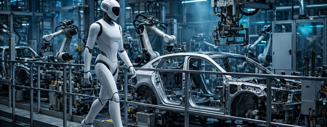 Illustration of a humanoid robot on an automated factory assembly line