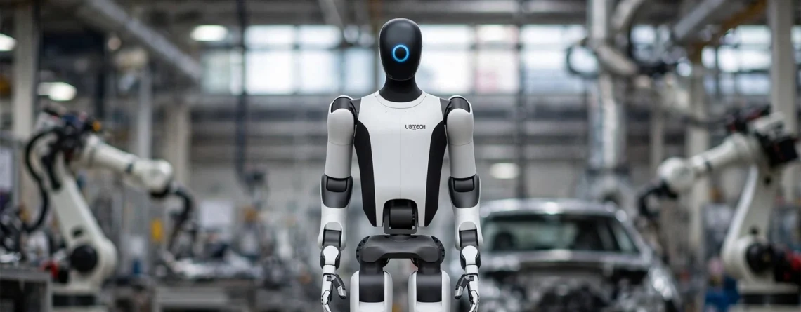 UBTech Walker S2 style industrial humanoid robot in an automotive factory